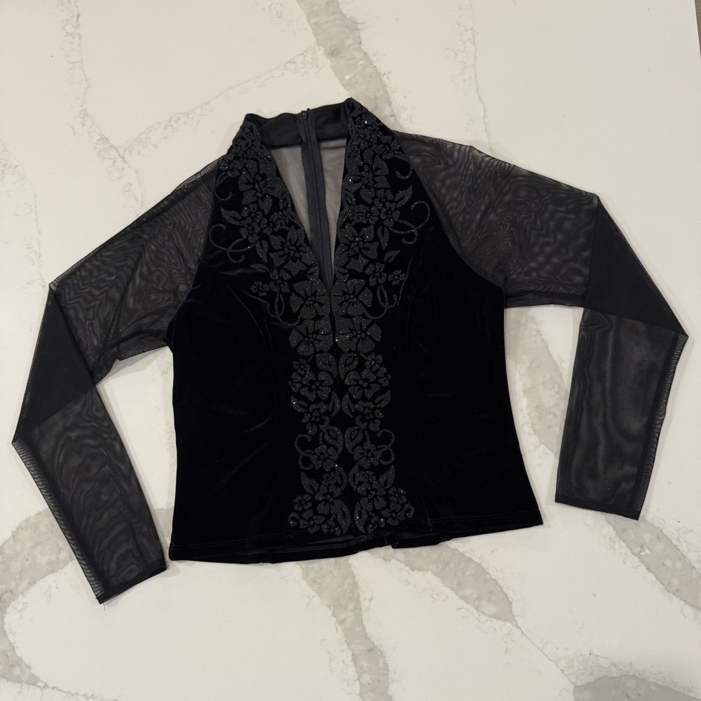 Vintage J.R. Nites By Caliendo Velvet Embellished Sexy Mesh Top Women’s 8 Black